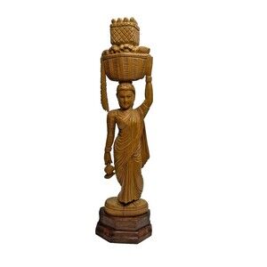 Vintage Indian Mysore Sandalwood Carved Harvest Girl Art Figurine 11.5" H
